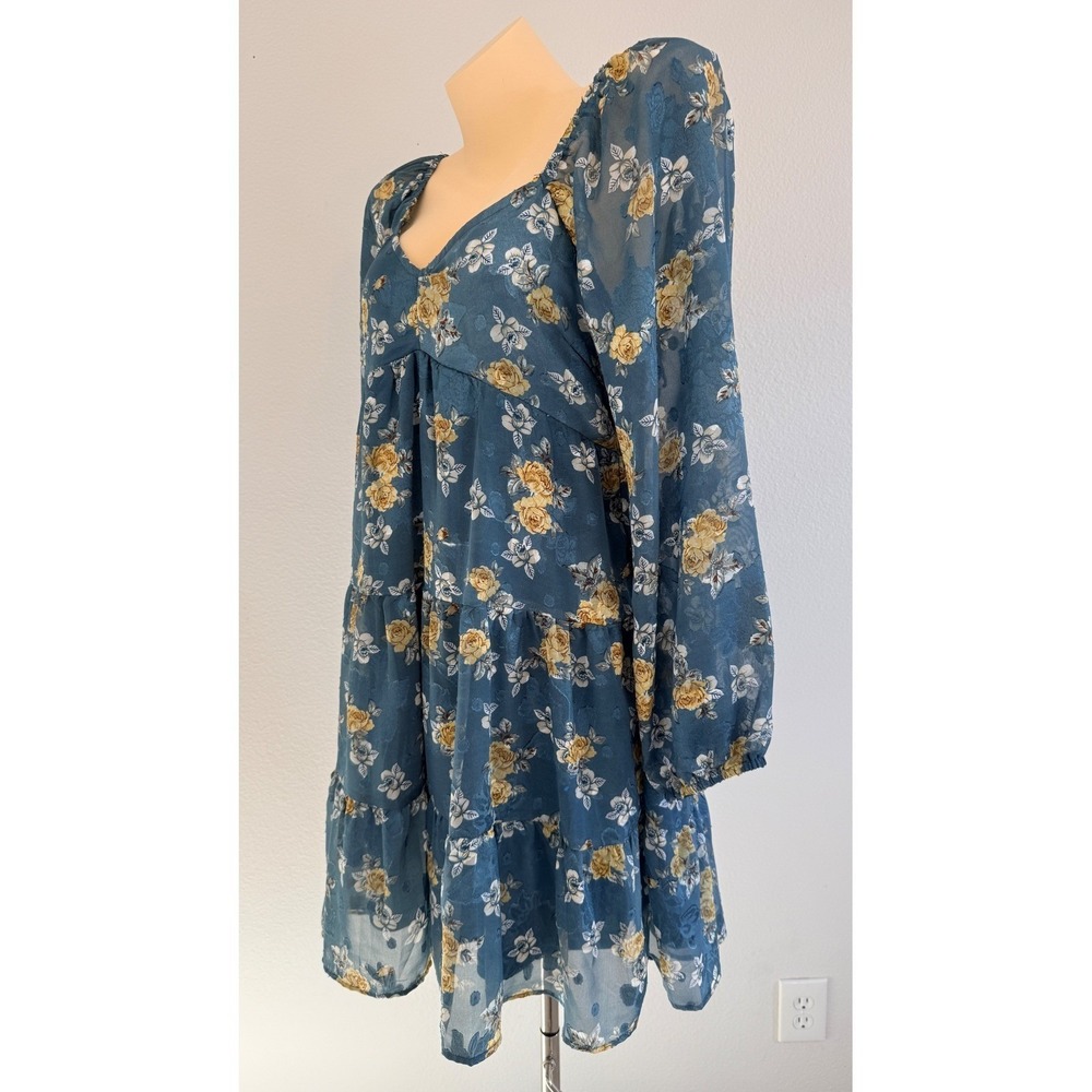 Baltic Born Lombard Tiered Dress Blue Gold Floral Cottagecore Boho Mini Medium - Picture 7 of 15
